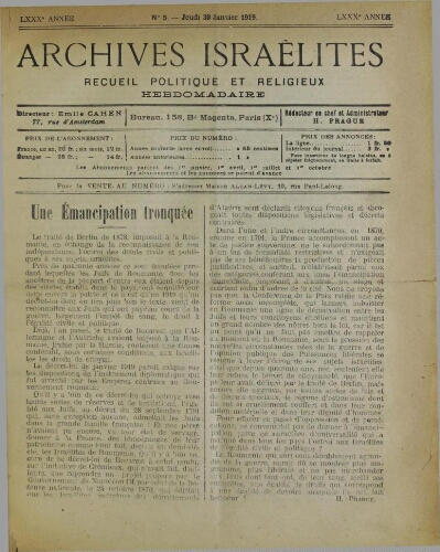 Archives israélites de France. Vol.80 N°05 (30 janv. 1919)